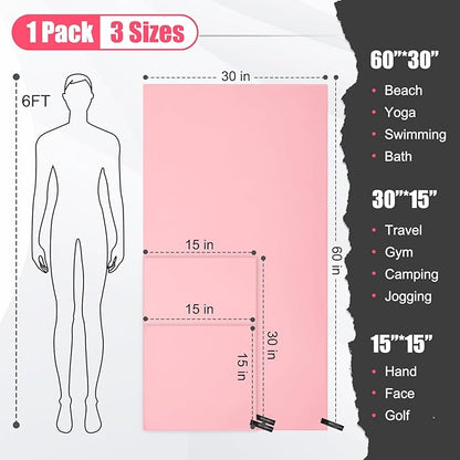 Quick Dry Travel Towel, 3 Sizes 1 Pack Camping Microfiber Towel, Lightweight Fast Drying Towels Set 60"x30", 30"x15", 15"x15" w/Bag for Gym, Beach, Hiking, Swimming, Pink