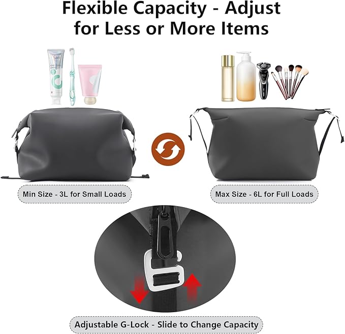 Vomgomfom 6L 13 Inch Silicone Toiletry Bag, Waterproof Leakproof Travel Cosmetic Organizer, Adjustable G-Buckle Compression Dopp Kit, Foldable Makeup Bag for Women & Men (Grey, 6.5”3L)