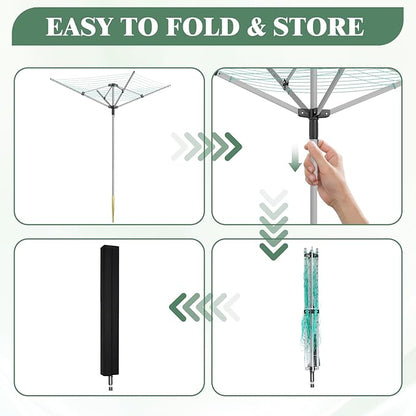 Outdoor Umbrella Drying Rack 165 Feet Umbrella Clothesline with 12 Lines Rotary Drying Rack Adjustable Height 4-Arm Foldable Clothes Drying Rack with Protective Cover for Backyard- Green