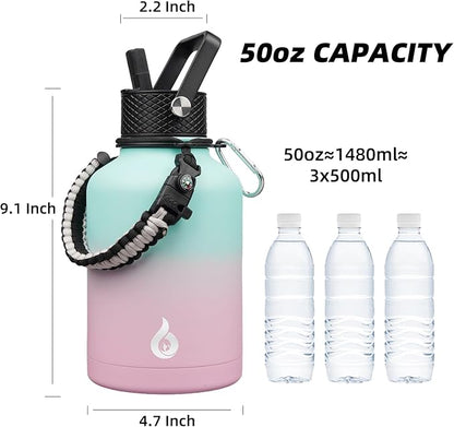 BJPKPK Insulated Water Bottles with Straw Lid, 50oz, 64oz, 87oz, 128oz Large Water Bottle with 3 Lids and Paracord Handle, Stainless Steel Metal Water Bottle, Insulated Water Jug,Marshmallow