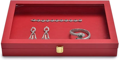Oirlv Premium Red Leather Jewelry Tray with Acrylic Lid Jewelry Organizer Case Showcase Jewelry Display Organizer Box