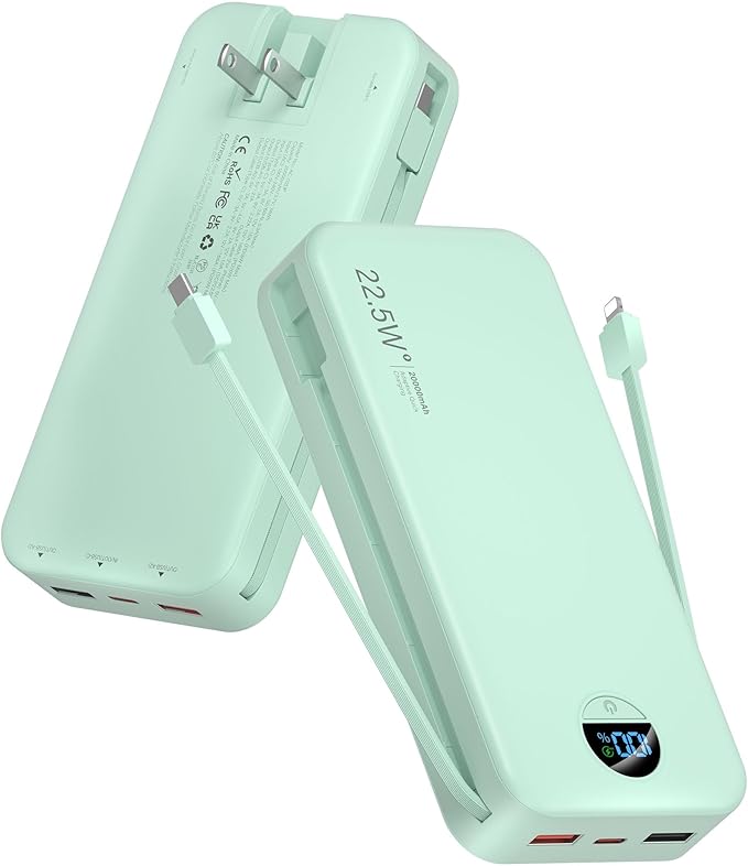 Portable Charger Power Bank, 20000mAh 22.5W USB C Fast Charging with Built-in Cables & Wall Plug, External Battery Pack with LED Display, Travel Essential for iPhone, iPad, Samsung Green