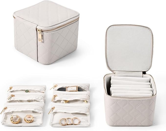 Travel Jewelry Box Organizer - Small Jewelry Case with 6 Small Velvet Zipped Pouches Pockets for Jewelry Necklaces Rings Earrings Storage(White)