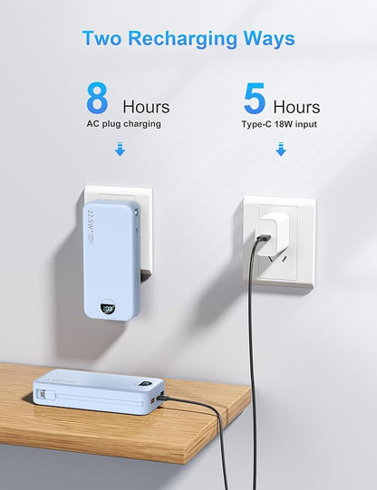 Portable Charger with Wall Plug, 20000mAh USB C Power Bank Fast Charging, External Battery Pack with Built in Cables, Digital Display, 5 Output 2 Input for iPhone Android Cell Phone Tablet