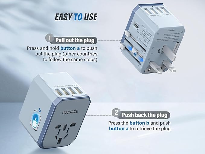 EPICKA European Travel Plug Adapter, Universal Travel Adapter - International Power Adapter Worldwide Charger with USB-C & 4 USB-A Ports, Travel Essentials for Italy, Japan, Europe, UK (TA-105, Blue)