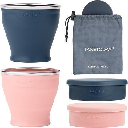 TakeToday 2PCS Collapsible Travel Cup - Silicone Foldable Water Cup, BPA-Free with Lid & Waterproof Bag - Drinking Cup Set for Camping, Outdoors & International Travel（8 Oz, Navy & Lowcountry Peach）