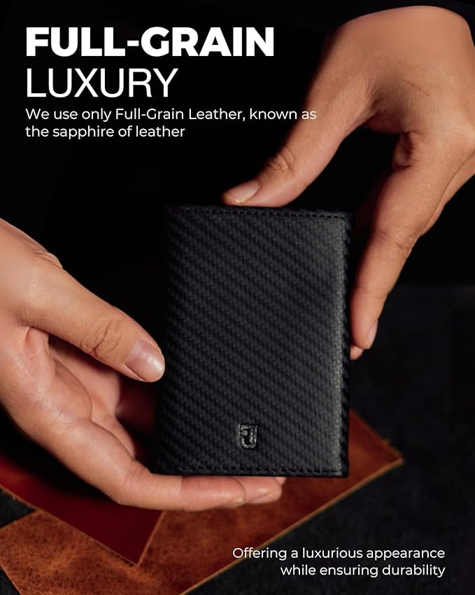 Jenoss Smart Wallet For Men: Full Grain Leather, Handcrafted, Slide Metal Pop Up Case, Slim RFID Blocking Credit Card Holder, Minimalist, Compact - 9-12 Card Organizers | ID | Money Clip (Carbon)