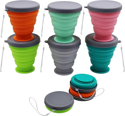 Collapsible Silicone Cup - 6 Piece Collapsible Silicone cup with Lid, Expandable Drinking Glasses Set, Reusable cup, Suitable for Camping and Hiking