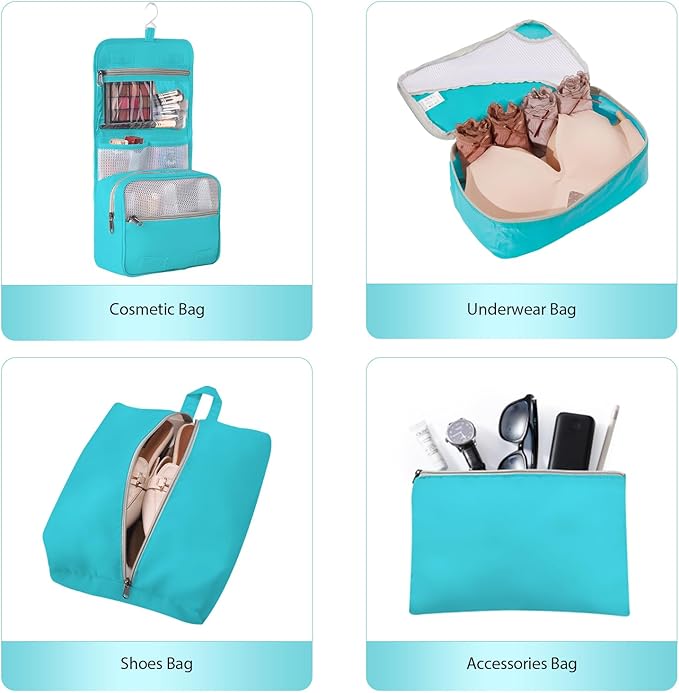 8 Set Packing Cubes for Travel, Gifts for Women Mom,Anti-Tearing Suitcase Organizer for Luggage with Shoe & Hanging Toiletry Bag,OlarHike Vacation Essentials & Accessories for Cruise Ship,Teal