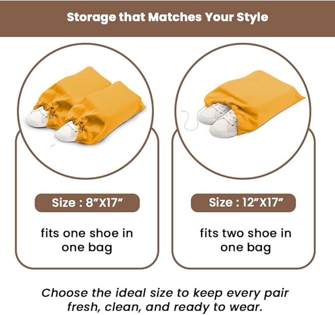 LFH Cotton Rich Shoe Storage Bags with Drawstring, Dustproof Breathable Reusable Organizer, Perfect For Travel, Dorm, Hotel, College, Gym, Easy to Carry, Machine Washable 12"x17" (Pack of 4) - Golden