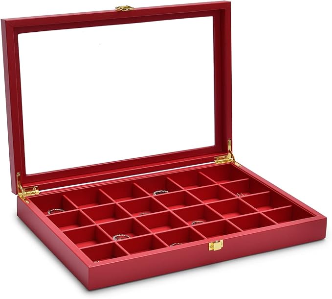 Oirlv Luxury Leather 24 Grid Jewelry Tray with Transparent Lid Earrings Rings Organizer Box Stackable Jewelry Box Drawer Inserts Women Gift