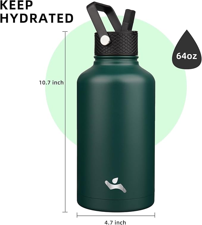 Half Gallon Insulated Water Bottle with Straw,64 oz 3 Lids Water Jug with Carrying Bag,Paracord Handle,Double Wall Vacuum Stainless Steel Metal Flask,Dark Green
