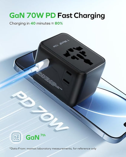 MOMAX Mini 7-in-1 Universal Travel Adapter, GaN 70W International Power Adapter, 2 AC, 3 USB-C PD Fast Charging & 2 USB-A QC, Travel Essentials for All European Travel Plug Adapter UK AUS JP