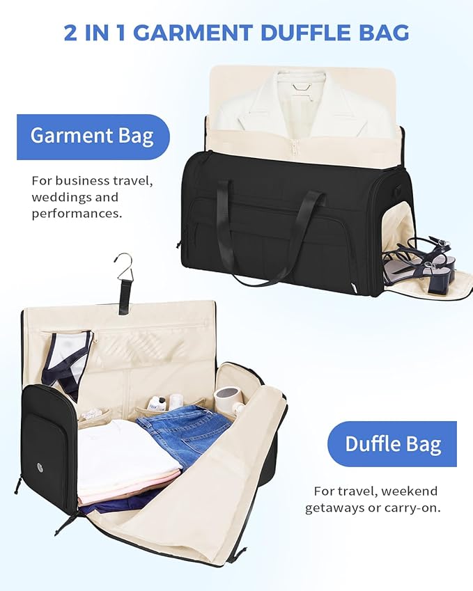 WANDF Convertible Garment Bags for Travel with Wet Pocket Carry on Garment Duffle Bag 2 in 1 Puffy Hanging Clothes Travel Bags with Shoe Compartment for Airplanes Business Weekend Gym Wedding (Black)
