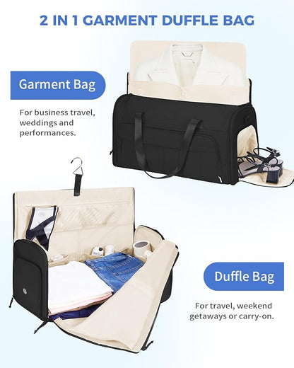WANDF Convertible Garment Bags for Travel with Wet Pocket Carry on Garment Duffle Bag 2 in 1 Puffy Hanging Clothes Travel Bags with Shoe Compartment for Airplanes Business Weekend Gym Wedding (Black)