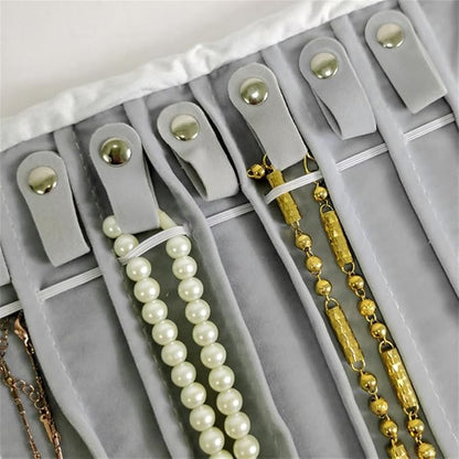 Portable Jewelry Roll Untangled Secure Necklace Travel Storage Bag Displays Holder 16 Chain (Gray PU and Gray Velvet)