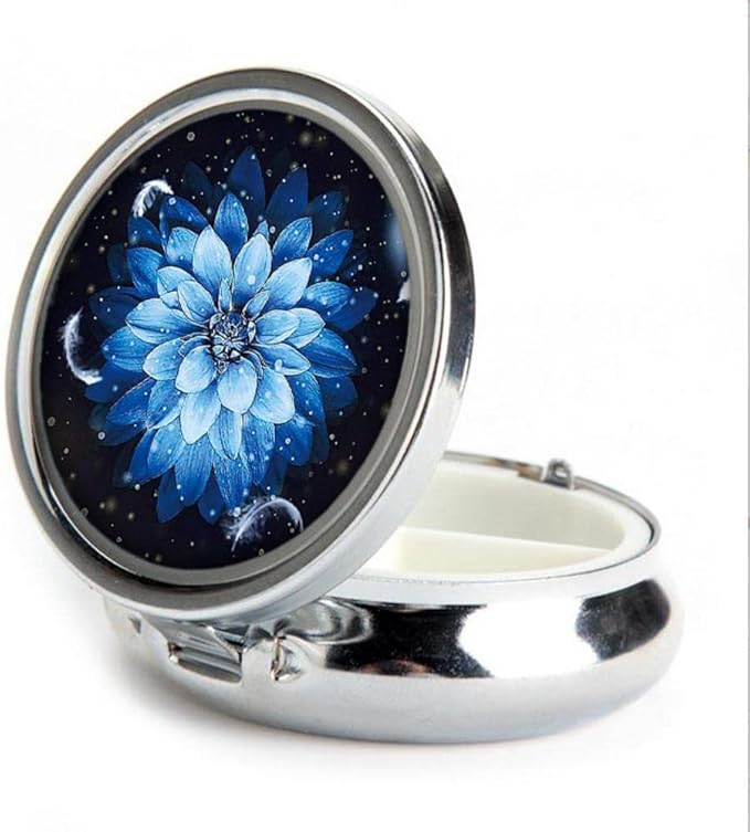 Pill Box,Blue Flower Round Pill Box 3 Compartment Decorative Pocket Purse Portable Mini Travel Medicine Tablet Vitamin Holder Organizer Pill Case