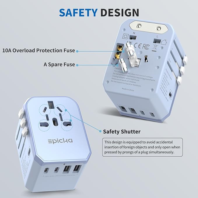 EPICKA Universal Travel Adapter, International Power Adapter with 2 USB-A & 3 USB-C Ports Wall Charger - Worldwide Travel Essentials, European Travel Plug Adapter for UK/US/AU (TA-105C, Blue)