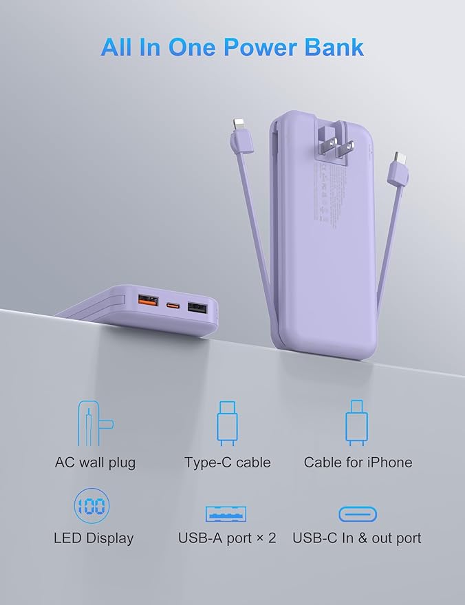 Portable Charger with Wall Plug, 12000mAh USB C Power Bank Fast Charging, External Battery Pack with Built in Cables, Digital Display, 5 Output 4 Input for iPhone Android Cell Phone Tablet