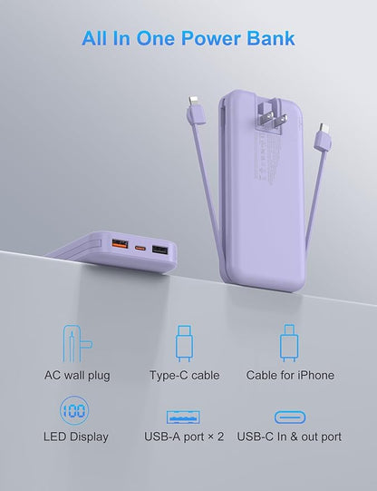 Portable Charger with Wall Plug, 12000mAh USB C Power Bank Fast Charging, External Battery Pack with Built in Cables, Digital Display, 5 Output 4 Input for iPhone Android Cell Phone Tablet