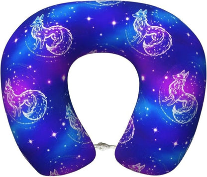 Travel Neck Pillow for Pain Relief Sleeping, Galaxy Wolf, Comfortable Memory Foam Chin Head Cushion Support with Zip Cover, Fashion Car Flight Pillows