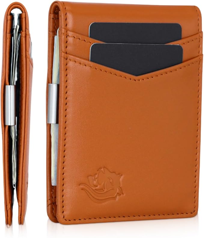 Premium Slim Leather Wallet for Men – RFID Blocking Minimalist Bifold Wallet with Money Clip, 11 Card Slots, Water-Resistant Men's Wallet in Carbon Fiber Design – Stylish and Secure Gift, Tan