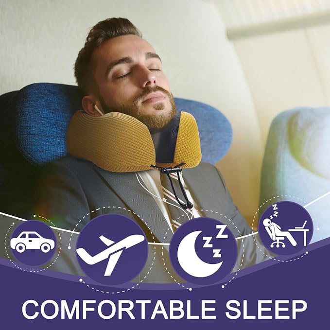 napfun Neck Pillow for Traveling, Upgraded Travel Neck Pillow for Airplane 100% Pure Memory Foam Travel Pillow for Flight Headrest Sleep, Portable Plane Accessories, Luxury Sets (Optional), Yellow
