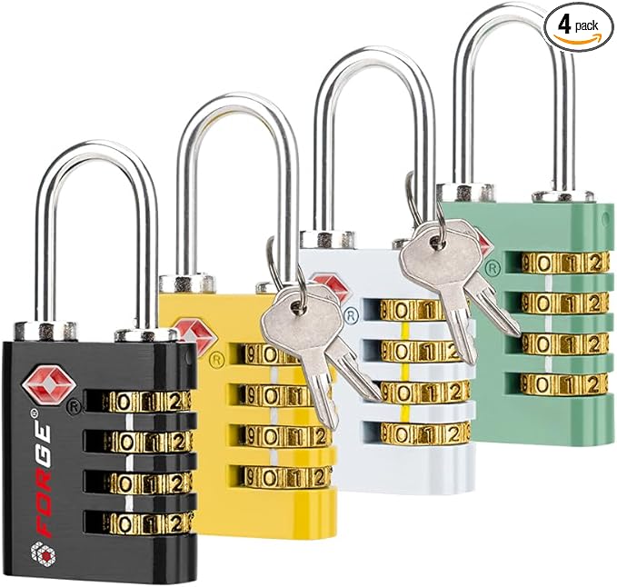 Forge Dual-Opening: Key or Combination Access Lock, TSA Approved Locks for Luggage, Pelican case, Travel, Gym, School, Stainless Steel Shackle. (Multi Color, 4 Pk)