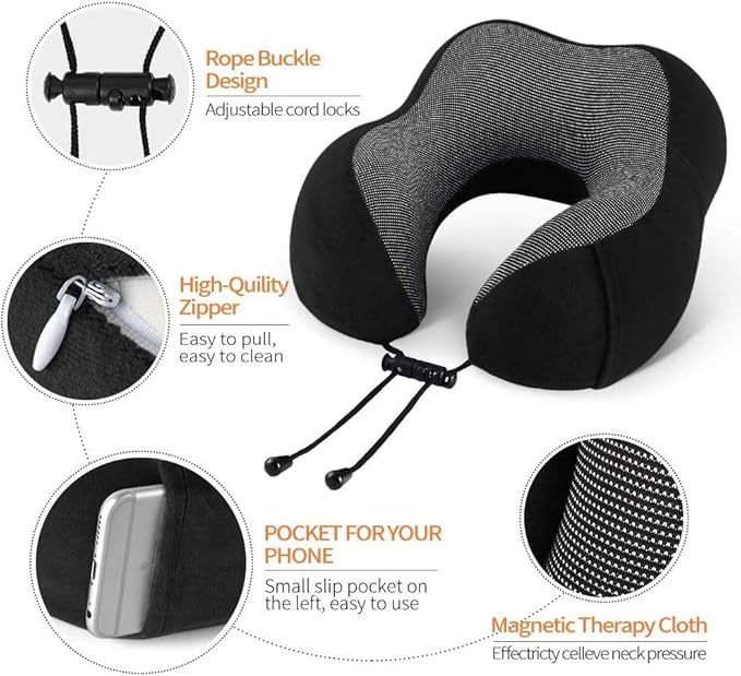 Airplane Travel Neck Pillow, 100% Memory Foam Ergonomic Neck Support, Airplanes Neck Pillow with Washable Cover Travel Essential for Flight & Office Include Eye Mask, Earplugs & Carry Bag (Black)