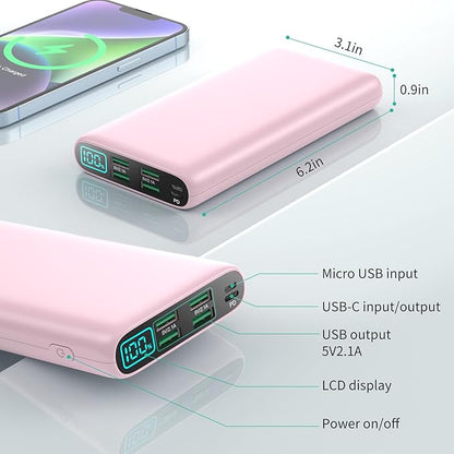 Portable Charger 38800mAh,LCD Display Power Bank,5 USB Outputs Battery Pack Backup, USB-C 3A in&out Travel Essential Portable Phone Charger For iPhone 17/16/15/14/13 Pro/12,Android Samsung Galaxy-Pink
