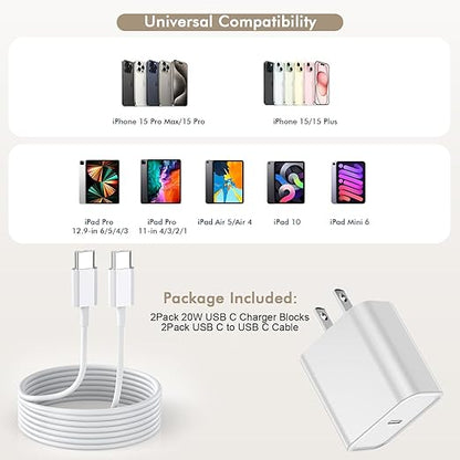 iPhone 16 15 Fast Charger,Type C Charging USB C Charger 20w Power Adapter Fast Charging Block Charge with 2Pack 3FT C Cable for iPhone 16/16 Plus/16e/15/15 Plus/15 Pro/15 Pro Max/iPad Pro 12.9/iPad 11