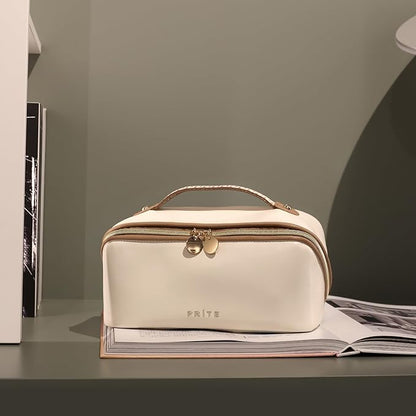 Prite Makeup Bag for Women Travel Waterproof Vegan Leather Cosmetic Bag Open Flat Toiletry Bag With Clear Divider and Handle (Beige)