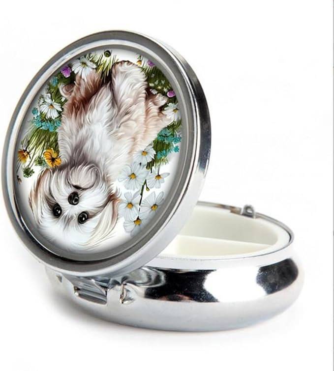 Pill Box,Flower Puppy Round Pill Box 3 Compartment Decorative Pocket Purse Portable Mini Travel Medicine Tablet Vitamin Holder Organizer Pill Case