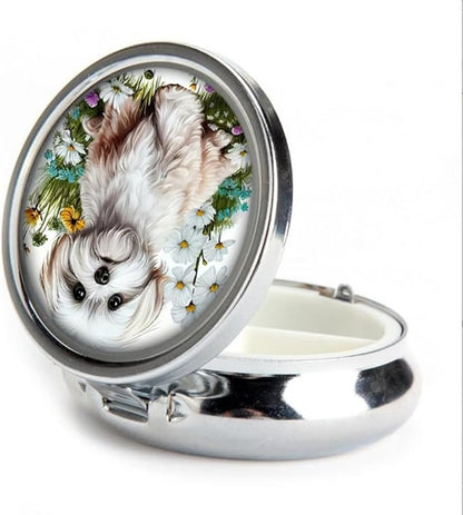 Pill Box,Flower Puppy Round Pill Box 3 Compartment Decorative Pocket Purse Portable Mini Travel Medicine Tablet Vitamin Holder Organizer Pill Case