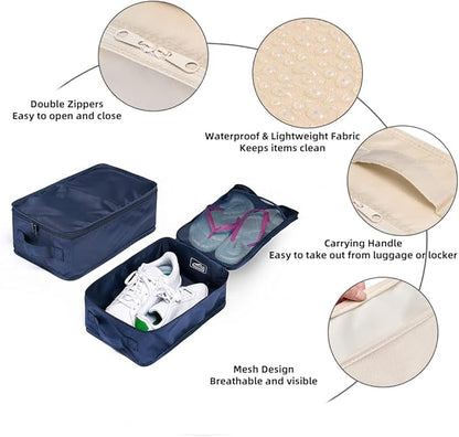 Travel Shoe Bags, Foldable Waterproof Shoe Pouches Organizer-Double Layer (2+2 Navy Shoebags)