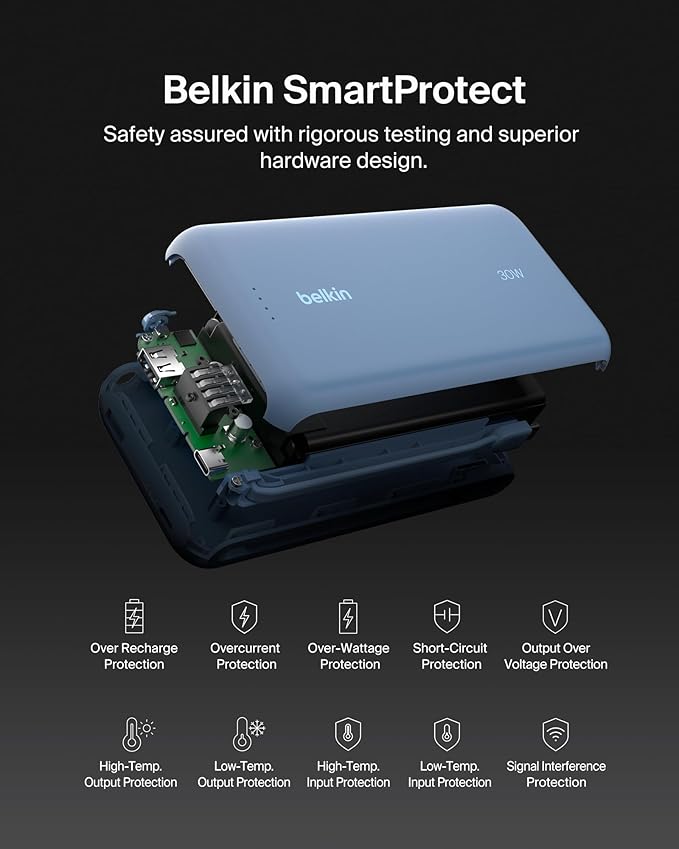 Belkin Portable Charger, Power Bank with Integrated Cable 20000 mAh 30W - Fast Charging USB C Power Delivery - iPhone 17, Air, Pro, Pro Max, iPad, AirPods, Apple Watch, Galaxy S25, & More - Blue