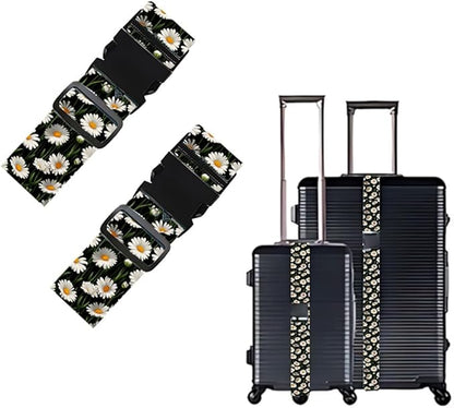 2PC,Daisy Flower Luggage Strap 1.97 x 70.84 inch White Floral Design Adjustable Suitcase Belt Durable Nylon Baggage Identifier for Elegant Travel Accessory