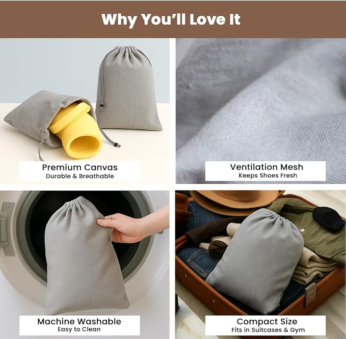 LFH Cotton Rich Shoe Storage Bags with Drawstring, Dustproof Breathable Reusable Organizer, Perfect For Travel, Dorm, Hotel, College, Gym, Easy to Carry, Machine Washable 8"x17" (Pack of 4) - Grey