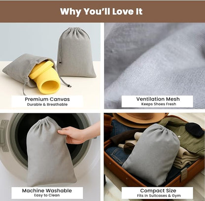 LFH Cotton Rich Shoe Storage Bags with Drawstring, Dustproof Breathable Reusable Organizer, Perfect For Travel, Dorm, Hotel, College, Gym, Easy to Carry, Machine Washable 12"x17" (Pack of 6) - Grey