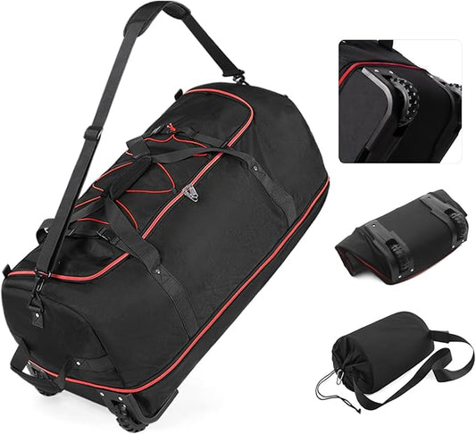 Vomgomfom 32" Soft-Sided Foldable Wheeled Travel Duffel Bag,Expandable 110L to 140L Rolling Cargo Bag with 2 Wheels and Multiple Pockets,Black-red