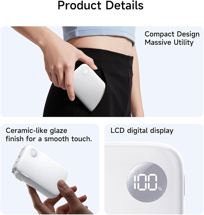 HOU 10000mAh Portable Power Bank with Retractable USB-C Cable, 35W Fast Charging, Dual Device Charging, Foldable Wall Plug, FCC/UL Certified 3 in 1 PD Charger for iPhone, Samsung, iPad, etc