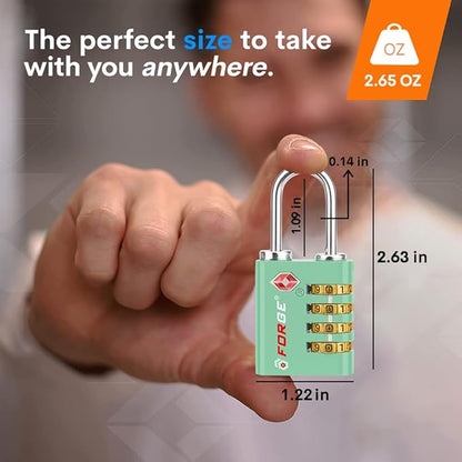 Forge Dual-Opening: Key or Combination Access Lock, TSA Approved Locks for Luggage, Pelican case, Travel, Gym, School, Stainless Steel Shackle. (Green, 4 Pk)