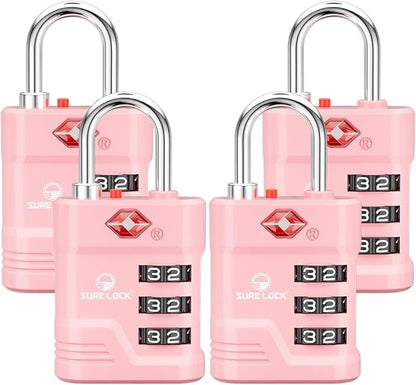 SURE LOCK TSA Locks for Luggage, TSA Approved Luggage Locks with Open Alert, 008 Key for High Security, Easy Read Dials, Zinc Alloy Body, Locker Lock for Suitcase, Gym, Travel.(Pink 4 pk)