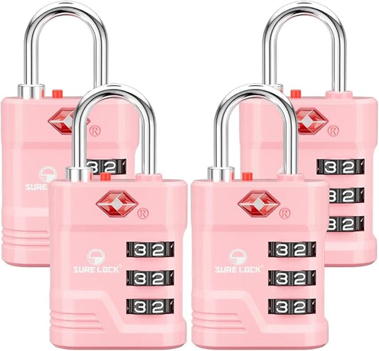 SURE LOCK TSA Locks for Luggage, TSA Approved Luggage Locks with Open Alert, 008 Key for High Security, Easy Read Dials, Zinc Alloy Body, Locker Lock for Suitcase, Gym, Travel.(Pink 4 pk)