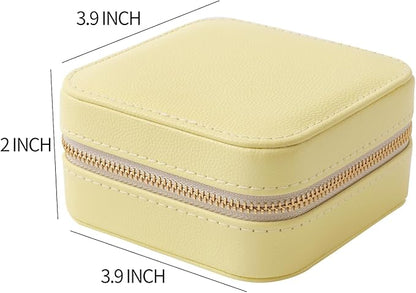 Genuine Leather Travel Jewelry Case Organizer with Mirror for Women, Small Jewelry Box Portable Mini Jewelry Case for Earring, Ring, Necklace, Bracelet（Caviar Grain Light Yellow）