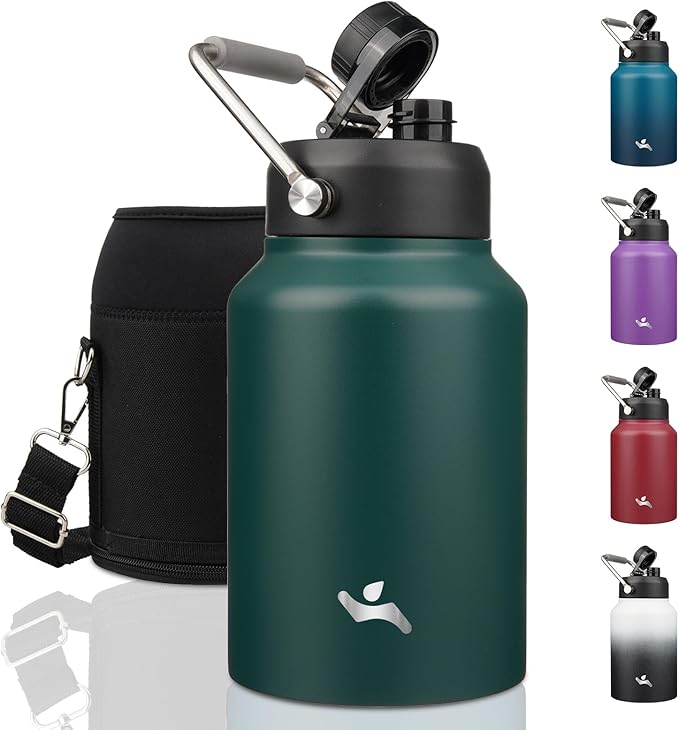Half Gallon Jug with Handle,64 oz Insulated Water Bottle with Carrying Pouch,Double Wall Vacuum Stainless Steel Metal Bottle,Dark Green