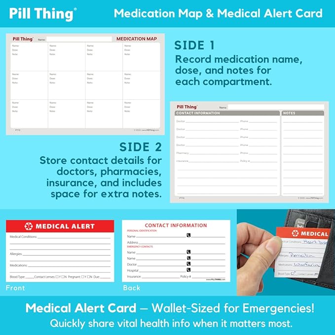 12 Compartment Large Pill Case with Airtight Seal - Silicone Gasket Waterproof Med Organizer Box with Medication Map, Medical Alert Card (Black, 1 Pack)