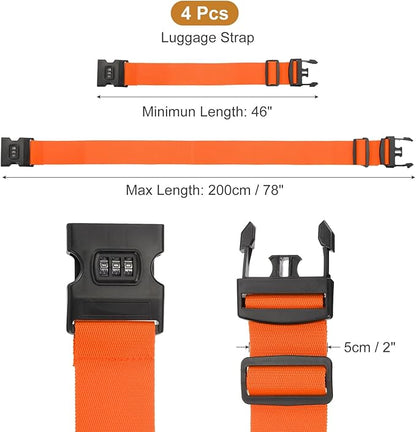 MECCANIXITY Luggage Straps with Combination Lock Adjustable Suitcase Belt Strap for Suitcase Briefcase Backpack Travel, Orange-Red, Pack of 4