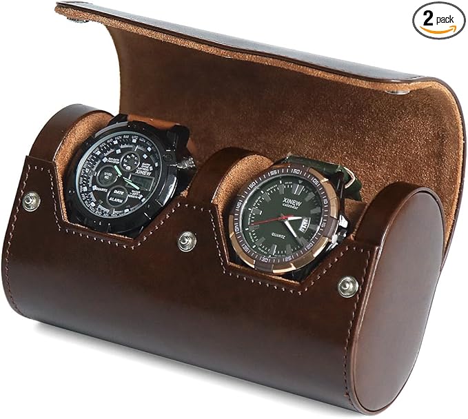 Premium Leather Travel Case, Variable Size Pillow Design, Roll Organizer for Men and Women, Brown 2 Slot Portable Storage Box With Faux Suede Fabric Lining