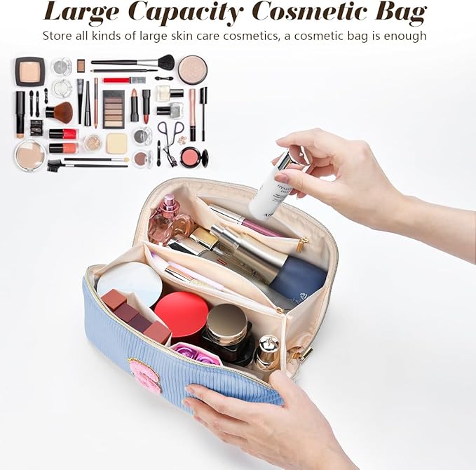 Personalized Initial Makeup Bag,Christmas Gifts for Girl,Preppy Bag Cosmetic Travel Bag Women,Travel Toiletry Organizer,Large Capacity Corduroy Stuff Bag,Cute Cosmetic Pouch Skincare Bag-T